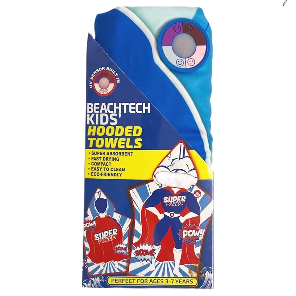 UV Sensing Kids‎ Micro-Fiber Super Power Poncho Hooded Beach Towel Cover Up OS